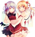  2girls absurdres alternate_costume ass bat_wings blonde_hair commentary_request detached_sleeves flandre_scarlet hair_ribbon hands_together highres lavender_hair looking_at_viewer multiple_girls neno_(nenorium) one_side_up open_mouth red_eyes remilia_scarlet ribbon siblings sisters sleeveless touhou white_background wings 