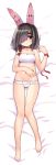  1girl animal_ears azur_lane bags_under_eyes bare_arms bare_legs bare_shoulders barefoot bed_sheet black_hair bow bow_bra bra breasts choker collarbone dakimakura facing_viewer fake_animal_ears frilled_panties frills full_body gluteal_fold groin hair_over_one_eye legs legs_apart looking_away looking_to_the_side midriff moru_(monaka) navel panties rabbit_ears red_bow red_choker red_eyes shiranui_(azur_lane) short_hair small_breasts solo sports_bra stomach thick_eyebrows underwear white_bra white_panties wristband 