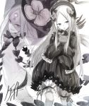  2girls :o abigail_williams_(fate/grand_order) bangs bloomers blush bow butterfly dress dual_persona evil_smile eyebrows_visible_through_hair fate/grand_order fate_(series) greyscale hair_bow hat hat_bow head_tilt highres keid keyhole long_hair looking_at_viewer monochrome multiple_girls object_hug panties parted_bangs parted_lips polka_dot polka_dot_bow sketch smile stuffed_animal stuffed_toy teddy_bear topless underwear very_long_hair white_background witch_hat 