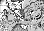  2girls ;d bangs bat_wings blush brooch commentary_request explosion eyebrows_visible_through_hair fangs flandre_scarlet greyscale hat highres himajin_no_izu jewelry looking_at_viewer mob_cap monochrome multiple_girls nude one_eye_closed open_mouth outdoors pointy_ears remilia_scarlet scarlet_devil_mansion short_hair side_ponytail slit_pupils smile touhou v wings 