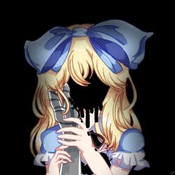  1boy 1girl alice_(black_souls) black_background black_liquid black_ribbon black_shirt black_souls black_souls_2 blue_bow blue_dress blue_sleeves bow closed_mouth dress faceless faceless_female faydee frills hand_on_another's_cheek hand_on_another's_face highres holding_another's_arm long_hair pov pov_hands puffy_sleeves ribbon shirt smile 