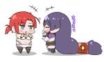  2girls :d absurdly_long_hair absurdres black_legwear boudica_(fate/grand_order) bra breasts chibi cleavage closed_eyes commentary_request fate/grand_order fate_(series) green_eyes highres long_hair low-tied_long_hair minamoto_no_raikou_(fate/grand_order) multiple_girls navel open_mouth panties pelvic_curtain ponytail puffy_sleeves redhead rei_(rei_rr) simple_background smile thigh-highs underwear very_long_hair white_background white_bra white_panties 