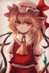  1girl ascot blonde_hair bow commentary_request flandre_scarlet hat hat_bow maho_moco mob_cap puffy_short_sleeves puffy_sleeves red_bow red_eyes red_shirt red_skirt shirt short_sleeves side_ponytail skirt touhou white_background white_sleeves wings yellow_neckwear 