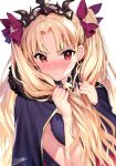  1girl artist_name black_cape blonde_hair blurry blush cape closed_mouth commentary_request depth_of_field detached_collar detached_sleeves earrings embarrassed ereshkigal_(fate/grand_order) eyebrows_visible_through_hair fate/grand_order fate_(series) fur_trim glint hair_ribbon holding holding_hair jewelry long_hair long_sleeves looking_at_viewer matarou_(genkai_toppa) nose_blush purple_ribbon red_eyes ribbon signature simple_background single_sleeve skull solo tiara tohsaka_rin two_side_up upper_body v-shaped_eyebrows white_background 