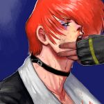  1boy blood bloody_clothes bruise_on_face choker dark_skin looking_up male_focus open_mouth out_of_frame profile red_eyes redhead sweat the_king_of_fighters upper_body yagami_iori 