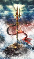  chain commentary diffraction_spikes fate/grand_order fate_(series) gold higashiyama_hayato light_rays no_humans official_art overcast planted polearm sky splashing still_life sunbeam sunlight third-party_source trident waves weapon weapon_focus 