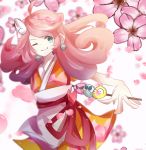  1girl alternate_costume cherry_blossoms commentary earrings green_eyes hair_ornament hairpin heart highres japanese_clothes jewelry kimono nanananashi one_eye_closed pink_hair puyo_(puyopuyo) puyopuyo raffine_(puyopuyo) smile solo stick yukata 