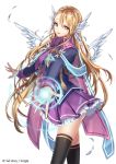  1girl angel_wings blonde_hair blue_eyes cape copyright_name interitio long_hair official_art outstretched_arms sid_story skirt smile solo spread_arms thigh-highs wings 