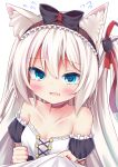  1girl animal_ears aqua_eyes azur_lane bare_shoulders blush bow breasts cat_ears choker collarbone dress esureki eyebrows_visible_through_hair fang flying_sweatdrops frilled_dress frilled_hairband frills hair_between_eyes hair_bow hair_ribbon hairband hammann_(azur_lane) highres long_hair looking_at_viewer one_side_up open_mouth puffy_sleeves remodel_(azur_lane) ribbon small_breasts solo star tears white_hair 