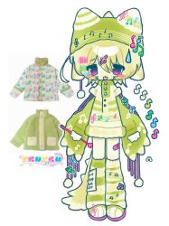  1other 2000s_(style) animal_ears animal_hat blush_stickers bomal1215 cat_hat fashion full_body green_hat green_jacket green_leg_warmers hair_ornament hat heisei_retro jacket leg_warmers musical_note musical_note_hair_ornament original other_focus pink_eyes raccoon_tails_(hairstyle) short_hair simple_background solo standing tail tongue tongue_out white_background 