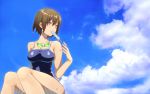  1girl blue_sky breasts brown_hair cleavage clouds cloudy_sky day eyebrows_visible_through_hair facing_away food goggles goggles_around_neck hair_between_eyes highres kurehon_shouya mouth_hold new_school_swimsuit original popsicle school_swimsuit short_hair sitting sky solo strap_gap swimsuit wet wet_hair yellow_eyes 