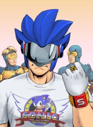  3boys blonde_hair blue_beetle blue_bodysuit bodysuit booster_gold cosplay crossover dc_comics gloves joeadok looking_at_another looking_at_viewer male_focus multiple_boys shadow_the_hedgehog shirt shrugging sonic_(series) sonic_man sonic_the_hedgehog sonic_the_hedgehog_(2006) sonic_the_hedgehog_(cosplay) star_(symbol) superhero_costume tinted_eyewear white_gloves white_shirt yellow-tinted_eyewear 