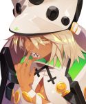  1girl beltbra cape clover dark_skin four-leaf_clover guilty_gear guilty_gear_xrd jerun looking_at_viewer orange_eyes platinum_blonde ramlethal_valentine sharp_teeth simple_background solo teeth white_hair 