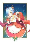  1girl animal_ears antlers blue_eyes blue_hair breasts breath brown_gloves commentary_request detached_collar detached_sleeves dress eyes_visible_through_hair frilled_dress frills gloves hairband holding_bag holding_letter medium_breasts open_mouth outside_border pink_ribbon re:zero_kara_hajimeru_isekai_seikatsu red_hairband reindeer_antlers reindeer_ears rem_(re:zero) ribbon short_hair snowflakes solo standing star wide_sleeves wind 
