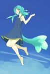  1girl :o animal_ears barefoot blue_background blue_dress blue_hair blue_sky clouds commentary_request day dress facial_mark forehead_mark full_body jumping open_mouth original outdoors pen_(pen3) red_eyes sky solo tail 