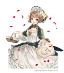  1girl :d basket bonnet braid breasts brown_hair cheese_wheel cleavage cutting_board dress frilled_sleeves frills georgian_clothes gloves laurelfalcon looking_at_viewer medium_breasts official_art open_mouth petals rococo short_hair sid_story smile standing victorian watermark white_dress white_gloves 
