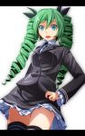  1girl absurdres aqua_eyes breasts drill_hair frilled_sleeves frills from_behind green_hair hatsune_miku highres himitsu_keisatsu_(vocaloid) letterboxed long_hair medium_breasts project_diva_(series) solo thigh-highs thighs tsukishiro_saika twin_drills vocaloid white_background zettai_ryouiki 