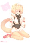 1girl anteater_ears anteater_tail artist_name blonde_hair blush bow bowtie brown_eyes fur_trim japari_symbol kemono_friends multicolored_hair o_hamachi open_mouth pink_hair silky_anteater_(kemono_friends) simple_background solo tail teeth two-tone_hair white_background