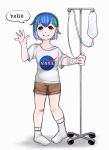 1girl asian bandage brown_eyes brown_shorts datweirdowholuvsmilk earth earth-chan gijinka grin hospital intravenous_drip looking_at_viewer nasa original planet shirt short_hair shorts small_breasts smile socks solo white_background white_shirt