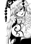  1girl absurdres bangs breasts commentary_request erect_nipples eyebrows_visible_through_hair greyscale hair_between_eyes hair_flaps hat head_tilt highres himajin_no_izu junko_(touhou) large_breasts long_hair monochrome neck_ribbon open_mouth ribbon shaded_face simple_background solo touhou upper_body white_background 