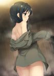 1girl bangs bare_shoulders black_hair blush chito_(shoujo_shuumatsu_ryokou) commentary_request dutch_angle eyebrows_visible_through_hair from_behind green_eyes green_jacket highres indoors jacket long_hair long_sleeves looking_away looking_to_the_side off_shoulder parted_lips shoujo_shuumatsu_ryokou shoulder_blades sleeves_past_wrists solo tomifumi undressing wet 