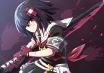  1girl alice_(mary_skelter) black_hair blood gloves hair_ornament hairclip mary_skelter mizunashi_(second_run) short_hair solo sword weapon yellow_eyes 