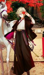  1boy androgynous arm_at_side autumn_leaves bridle chain chinese_clothes clothing_request commentary fate/grand_order fate_(series) feet_out_of_frame hair_between_eyes hand_over_eye holding holding_leaf holding_reins horse hou_(ppo) leaf light_smile long_sleeves male_focus maple_leaf official_art one_eye_covered outdoors photo_background prince_of_lan_ling_(fate) prince_of_lan_ling_(under_the_same_sky)_(fate) reins short_hair solo standing third-party_source tree white_hair white_horse 