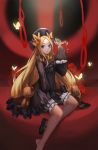  1girl abigail_williams_(fate/grand_order) bangs black_bow black_dress black_footwear black_hat blonde_hair bloomers blue_eyes bow butterfly closed_mouth commentary_request dress eyebrows_visible_through_hair fate/grand_order fate_(series) forehead hair_bow hat head_tilt highres loading_(vkjim0610) long_sleeves looking_at_viewer mary_janes noose orange_bow parted_bangs polka_dot polka_dot_bow revision shoes single_shoe sleeves_past_wrists solo stuffed_animal stuffed_toy teddy_bear underwear white_bloomers 