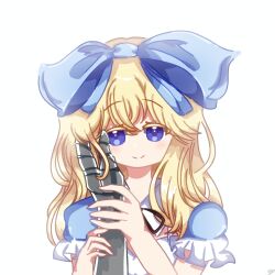  1boy 1girl alice_(black_souls) black_ribbon black_souls black_souls_2 blue_bow blue_dress blue_sleeves blush bow closed_mouth dress faydee frills hand_on_another's_cheek hand_on_another's_face highres holding_another's_arm long_hair looking_at_viewer pov pov_hands puffy_sleeves ribbon shirt smile violet_eyes white_background white_shirt 