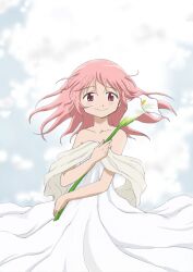  1girl calla_lily collarbone dress flower holding holding_flower kaname_madoka kojirou_(kojiou3) mahou_shoujo_madoka_magica mahou_shoujo_madoka_magica_(anime) pink_eyes pink_hair smile solo strapless strapless_dress white_dress 