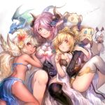  1boy 3girls anchira_(granblue_fantasy) animal_ears arm_around_shoulder arm_grab bikini black_eyes black_gloves black_legwear blonde_hair blue_eyes blush_stickers breasts brown_eyes character_request chibi_inset choker clenched_hand covering_ears covering_eyes dansearl dark_skin detached_sleeves doraf dragon erun_(granblue_fantasy) flower fur_trim girl_sandwich gloves granblue_fantasy hair_flower hair_ornament hair_over_one_eye head_tilt highres jitome large_breasts lavender_hair long_hair looking_at_viewer looking_back medium_breasts monkey multiple_girls narumeia_(granblue_fantasy) open_mouth parted_lips pointy_ears sandwiched short_hair silver_hair single_thighhigh smile swimsuit the_order_grande thigh-highs very_long_hair white_bikini white_hair white_legwear white_wings wings 