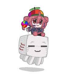  candy drill_hair food ghast happy_ghast highres holding holding_candy holding_food holding_lollipop kasane_teto lod_(lodddd) lollipop minecraft propeller_hat red_hair stuffed_toy twin_drills twintails utau white_background 