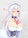  1girl azur_lane belfast_(azur_lane) between_breasts blue_eyes blue_gloves blush breasts chains cleavage collar dated elbow_gloves eyebrows_visible_through_hair gloves grey_background hair_between_eyes heart huge_breasts kuavera long_hair looking_at_viewer maid maid_headdress metal_collar one_eye_closed open_mouth silver_hair simple_background smile solo twitter_username upper_body 