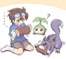  ... 1boy ? blue_shirt boned_meat brown_eyes brown_hair claws digicore digimon digimon_(creature) digimon_chronicle dorumon doumoto_kouta food goggles goggles_on_head grey_shorts hawe_king holding holding_food meat purple_fur shirt short_hair short_sleeves shorts sitting socks tail tanemon two-tone_fur wariza white_fur white_socks wings 