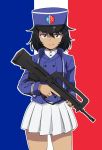  1girl assault_rifle black_hair brown_eyes bullpup character_request facing_viewer famas female_service_cap france gun highres jacket looking_at_viewer military military_uniform pas_(paxiti) pleated_skirt rifle skirt smile solo trigger_discipline uniform weapon 