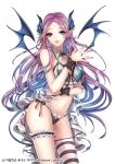  1girl bikini blue_eyes copyright_name demon_girl demon_tail demon_wings hair_ornament interitio looking_at_viewer nail_polish official_art pointy_ears purple_hair sid_story smile solo succubus swimsuit tail thigh-highs wings 