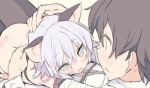  1boy 1girl animal_ears arm_belt bandage bandaged_arm black_bra blade_(galaxist) blue_eyes blue_hair blush bra brown_hair brown_pants cat_ears child eye_contact eyebrows_visible_through_hair facial_mark fang fate/grand_order fate_(series) fujimaru_ritsuka_(male) hug jack_the_ripper_(fate/apocrypha) kemonomimi_mode looking_at_another open_mouth pants petting short_hair underwear 