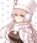  1girl azur_lane belt belt_buckle buckle character_request commentary_request earmuffs eyebrows_visible_through_hair eyes_visible_through_hair hat highres long_hair looking_at_viewer pom_pom_(clothes) scarf silver_hair simple_background smile solo sukemyon upper_body violet_eyes white_background white_scarf 