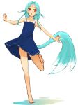  1girl :o animal_ears bare_arms bare_legs bare_shoulders barefoot blue_dress blue_hair blush carbuncle_(final_fantasy) commentary_request dress eyebrows_visible_through_hair facial_mark final_fantasy forehead_mark highres looking_at_viewer open_mouth original outstretched_arms pen_(pen3) personification red_eyes short_hair_with_long_locks simple_background solo spread_arms standing standing_on_one_leg tail white_background 
