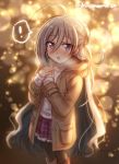  ! 1girl ahoge backlighting bangs black_legwear blurry blush bokeh boots breath brown_coat brown_footwear coat depth_of_field duffel_coat eyebrows_visible_through_hair frilled_skirt frills hair_between_eyes hand_on_own_chest kantai_collection kiyoshimo_(kantai_collection) knee_boots long_hair long_sleeves looking_at_viewer mika_(1020mk) nose_blush open_clothes open_coat own_hands_together pantyhose plaid plaid_skirt pleated_skirt purple_skirt shirt silver_hair skirt sleeves_past_wrists solo sparkle speech_bubble spoken_exclamation_mark twitter_username very_long_hair violet_eyes wavy_hair white_shirt 