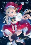  1girl :d animal_ears antlers asymmetrical_legwear bell between_legs black_legwear blonde_hair blue_eyes boots capelet christmas clouds commentary_request dress fur_trim gloves hand_between_legs hat holly ivy1993 jingle_bell kneehighs long_hair looking_at_viewer merry_christmas night night_sky open_mouth original pom_pom_(clothes) red_dress red_gloves reindeer_antlers reindeer_ears santa_costume santa_gloves santa_hat sky smile snowflakes solo star star-shaped_pupils symbol-shaped_pupils thigh-highs 