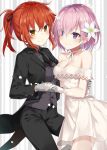  2girls alternate_costume bangs bare_shoulders black_jacket black_neckwear black_pants black_ribbon breasts choker cleavage closed_mouth cowgirl_position dress earrings eye_contact eyes_visible_through_hair fate/grand_order fate_(series) flower formal fujimaru_ritsuka_(female) gloves grey_gloves hair_flower hair_ornament hair_over_one_eye hair_ribbon hand_holding hand_on_another&#039;s_back jacket jewelry long_sleeves looking_at_another mash_kyrielight medium_breasts multiple_girls necktie open_clothes open_jacket orange_hair pants petals pink_hair ponytail ribbon ribbon_choker shiny shiny_hair short_hair smile standing straddling striped stud_earrings suit takehana_note tareme vertical-striped_background vertical_stripes violet_eyes white_choker white_dress wing_collar yellow_eyes yuri 