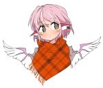  1girl animal_ears bangs blush brown_eyes closed_mouth earrings eyebrows_visible_through_hair ini_(inunabe00) jewelry looking_to_the_side mystia_lorelei no_hat no_headwear orange_scarf pink_hair plaid plaid_scarf scarf short_hair simple_background solo touhou upper_body white_background wings 