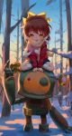  1girl :d absurdres ahoge arm_support bangs bare_tree blue_skirt blue_sky blurry blurry_foreground blush bow brown_hair clannad commentary_request day depth_of_field earmuffs eyebrows_visible_through_hair fur-trimmed_jacket fur_trim hair_bow heart highres jacket kneehighs long_sleeves looking_at_viewer off_shoulder okazaki_ushio open_mouth outdoors pink_shirt pleated_skirt red_jacket robot scarf shirt sitting skirt sky smile snow solo tree upper_teeth white_legwear yellow_bow yellow_eyes yellow_scarf yuhuan 