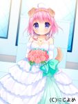  1girl ahoge animal_ears aqua_bow bangs bare_shoulders blush bouquet bow closed_mouth collarbone day dog_ears dog_girl dog_tail dress eyebrows_visible_through_hair flower hair_between_eyes holding holding_bouquet looking_at_viewer off-shoulder_dress off_shoulder official_art outdoors pink_hair smile solo sunlight tail usashiro_mani valhalla_valkyries violet_eyes wedding_dress white_dress 