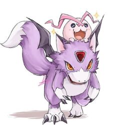  brown_eyes claws digicore digimon digimon_(creature) digital_monster_x-evolution dnc_ds dorumon fangs looking_at_another lowres no_humans orange_eyes purple_fur simple_background sparkle tail tokomon tokomon_x-antibody two-tone_fur white_background white_fur wings 
