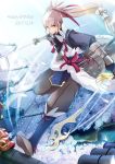  1boy architecture boots bow_(weapon) cherry_blossoms east_asian_architecture fire_emblem fire_emblem_if fur_trim fuujin_yumi gloves grey_hair happy_birthday katana kokoron450 long_hair male_focus ponytail solo sword takumi_(fire_emblem_if) weapon yellow_eyes 