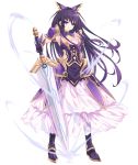  1girl absurdres armor armored_dress black_bow boots bow breasts cleavage date_a_live full_body gloves hair_bow highres long_hair looking_at_viewer medium_breasts neps-l oversized_object parted_lips pauldrons purple_hair shoulder_armor solo standing sword very_long_hair violet_eyes weapon white_background wind yatogami_tooka 