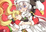  2girls ahoge alternate_costume azur_lane bird blonde_hair blush closed_eyes eagle earmuffs eldridge_(azur_lane) enterprise_(azur_lane) enterprise_(reindeer_master)_(azur_lane) eromame fur_trim gloves grey_hair hat hug long_hair multiple_girls red_gloves santa_costume scarf twintails twitter_username violet_eyes white_scarf 