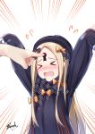  &gt;_&lt; 1girl abigail_williams_(fate/grand_order) absurdres arms_up bangs bee_doushi black_bow black_dress black_hat blonde_hair blush bow closed_eyes dress emphasis_lines eyebrows_visible_through_hair fate/grand_order fate_(series) flying_sweatdrops hair_bow hat highres keyhole long_hair long_sleeves looking_at_viewer nose_blush orange_bow out_of_frame parted_bangs polka_dot polka_dot_bow signature sleeves_past_wrists solo_focus very_long_hair white_background x-ray 